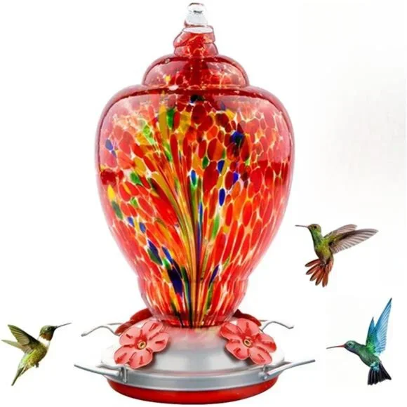 Hummingbird Feeder for Outdoors Patio Large 32 Ounces Colorful Hand Blown Glass