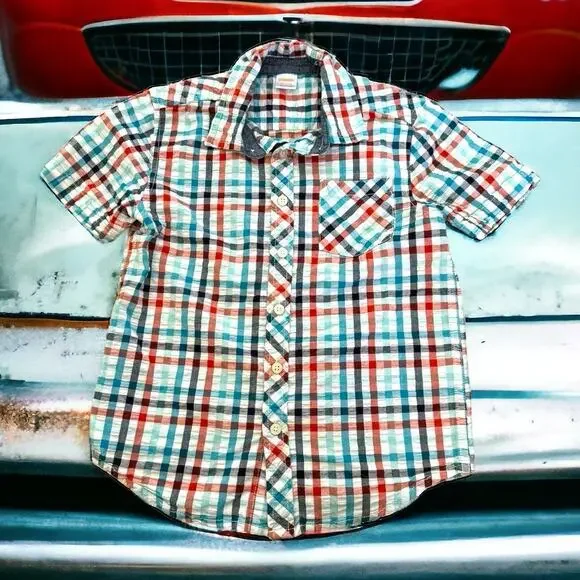 Gymboree Boys Shirt Sz M 7 8 Red White Blue Seersucker Check‎ Jungle Tour Button