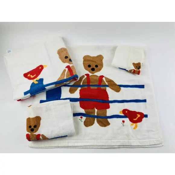 Vintage Springmaid Bear Birds Fence Towel Set Bath Hand & Wash Cloth Child Kid