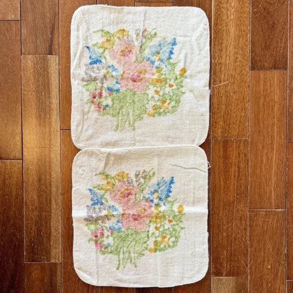 New 2pc VTG 60s MCM Sears Floral Cotton Washcloth USA Flowers Royal Blue Lt Tag!