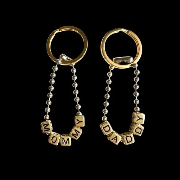 Gold Block Letter Keychain Set of 2 for 'MOMMY' and 'DADDY' Beaded Handmade