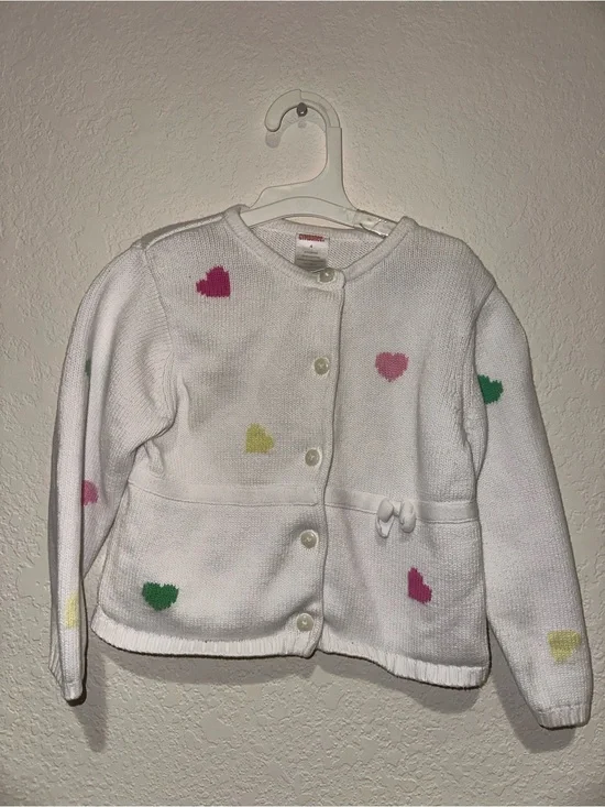 2005 Gymboree White Heart Knit Cardigan with Pink, Green & Yellow Hearts
