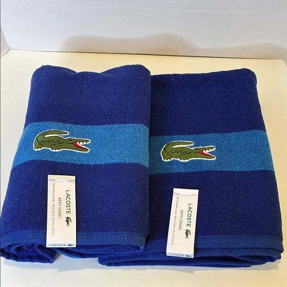 Lacoste Blue Striped Bath Towels/2 with Iconic Crocodile Logo