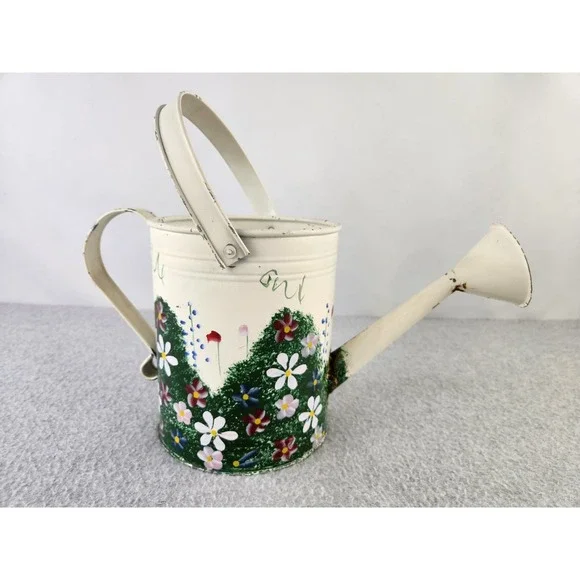 Vtg Decorative Hand Painted Watering Can Chippy Farmhouse Flowers Cottagecore