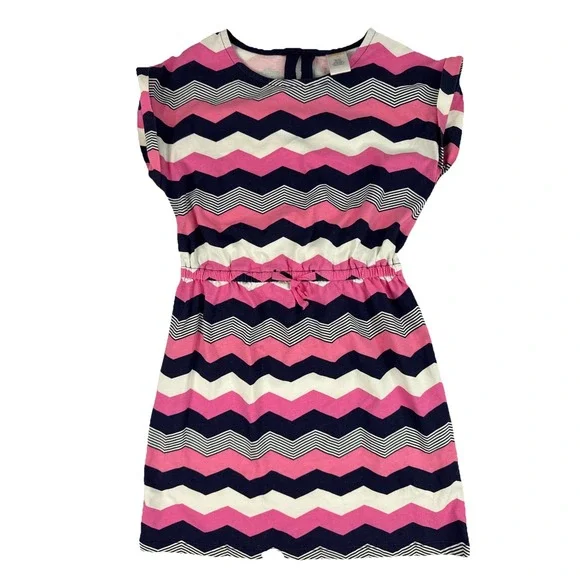 Gymboree Girls‎ Shirt Sleeve Cotton Dress, Pink, Navy & White Chevron, Size 10