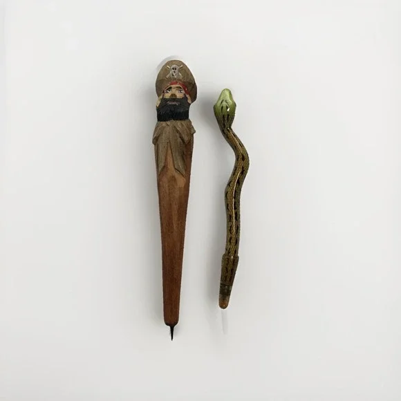 Lot of 2 Vintage Carved Wood Pens – Pirate & Snake Enamel Painted Novelty