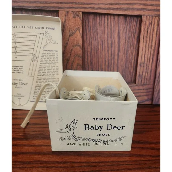 VTG Baby Deer Shoes Trimfoot Infant Creeper Shoes White Leather Size 1‎ Orig Box