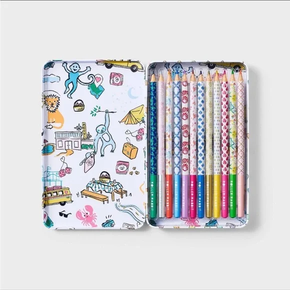 Roller Rabbit x Target White Illustrated Tin Pencil Case with Colored Pencils