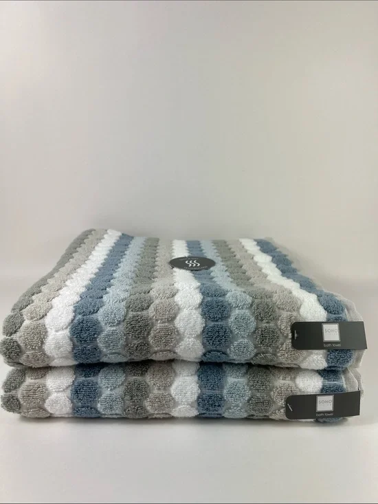 Soho Living Bath Towels in Blue, Gray, White Striped Zero Twist Cotton 2 Pc NEW