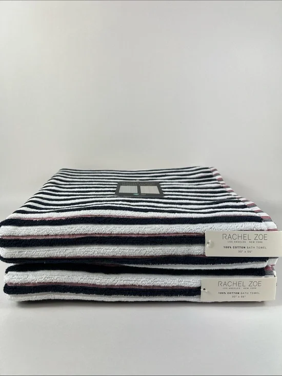 Rachel Zoe Bath Towels Reversible Navy, White and Red Striped Cotton 2 Pc NEW
