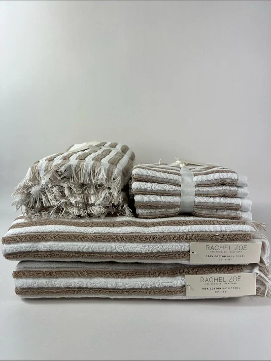 Rachel Zoe Bath Towel Set Beige White Striped with Fringe Soft Cotton 8 Pc NEW