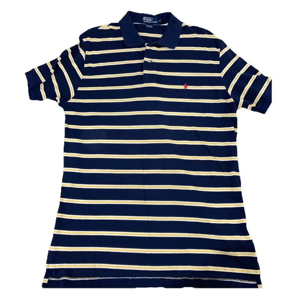 Polo Ralph Lauren Polo Shirt Mens XL Navy Yellow Stripe Pony Logo Classic Fit