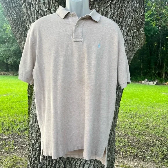 RALPH LAUREN TAN OATMEAL GRAY HORSE LOGO MENS SHORT SLEEVE POLO SHIRT COLLARED