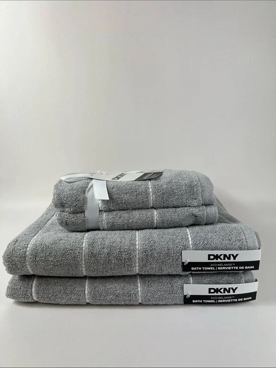 DKNY Bath Towel Set Eco Melange Light Gray White Soft Cotton 4 Pc Set NEW