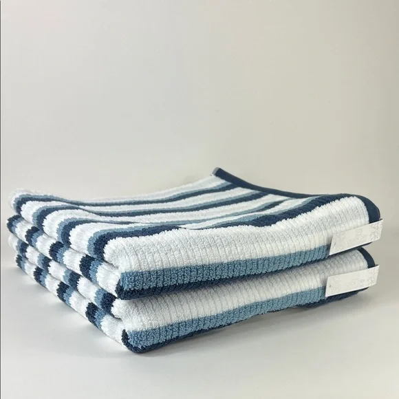 SPA Luxury Bath Towels Blue Gray White Striped Quick Dry Cotton Set of 2 NEW