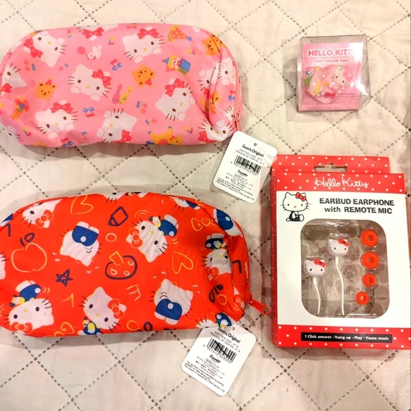 NWT Sanrio Hello Kitty pen cases, earbuds, double finger ring