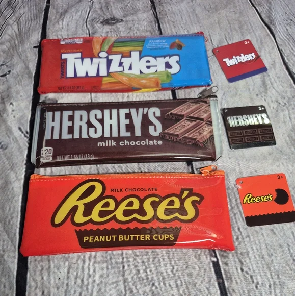 Pencil Bag Case with Zipper School, Hershey's Reese's Twizzlers Candy Lot of 3