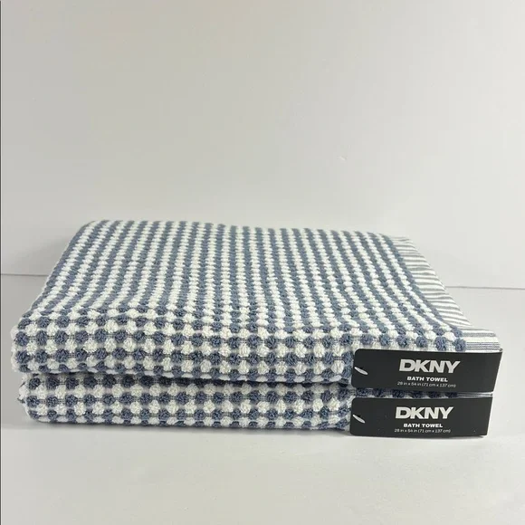 DKNY Bath Towels Blue & White Gingham Check Dots 100% Cotton Set of 2 NEW