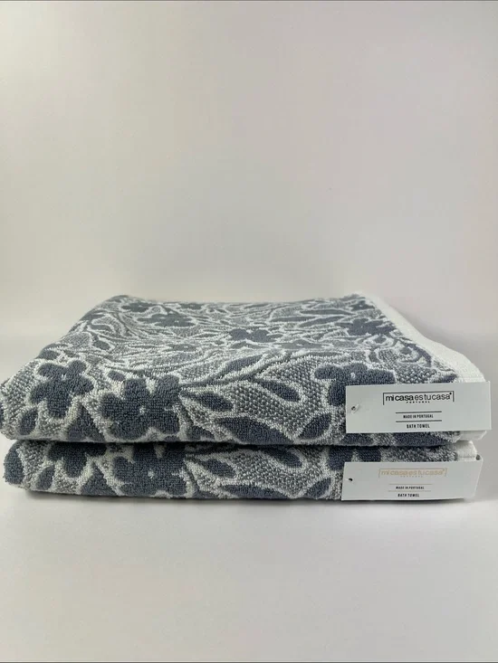 Mi Casa es Tu Casa Bath Towels Blue White Floral Print Cotton Portugal 2 Pc NWT