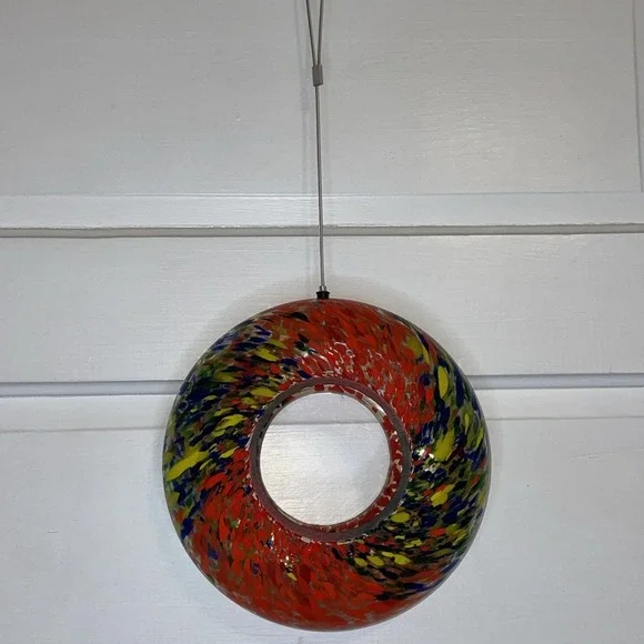 Designer Circular Doughnut Hanging Art‎ Speckled Glass Bird Feeder Hand Blown