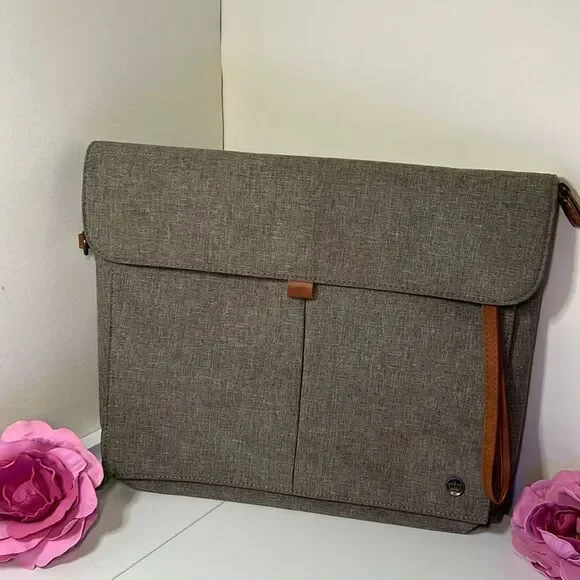 PKG Tablet Case Laptop Bag New w/o Tags Gray with Tobacco Faux Leather Trim