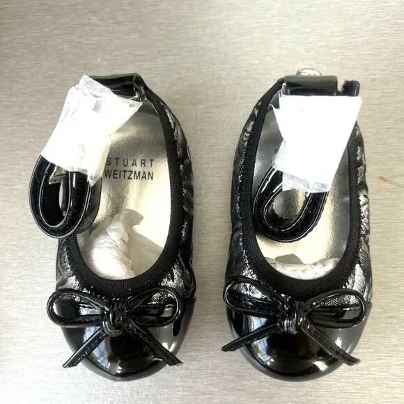 Stuart Weitzman Baby Paliava Silver Black Baby Ballet Shoes w/Bow Sz 2 3-6M NEW