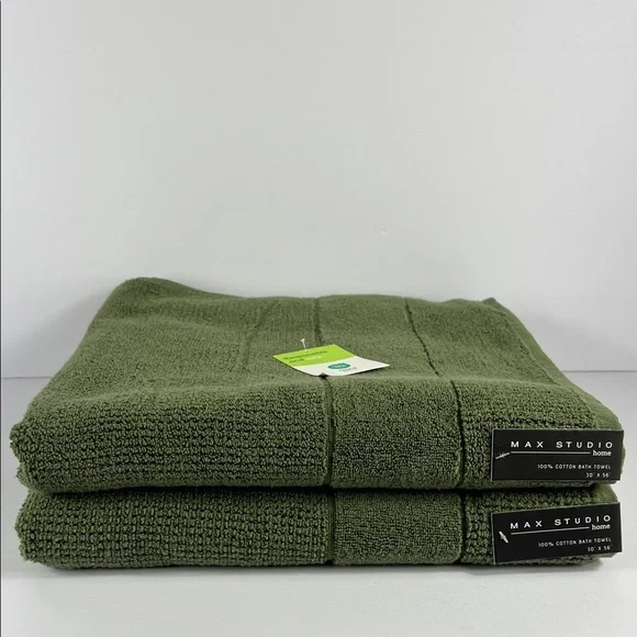 2 Pc Max Studio Bath Towel Set Olive Green Plush 100% Cotton 30