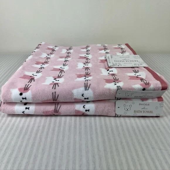 ENVOGUE Cat Kitten Bath Towels Pink White Cotton Velour Soft Set of 2 NEW