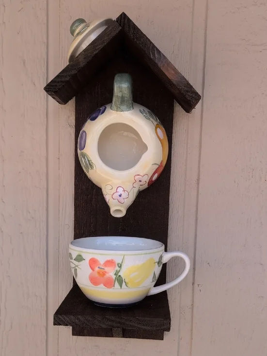 Rustic Wooden Handmade Teapot Bird Feeder Fruit And Flowers