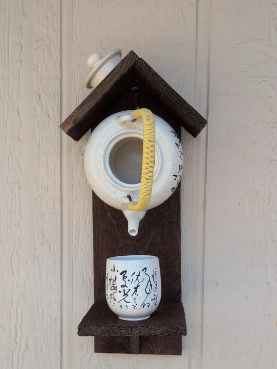 Rustic Wooden Handmade Bird Feeder Teapot Tea For All