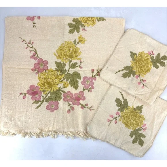 VTG Sears Drylon Floral Print Butter Fringe Bath Towel & Washcloths USA 45