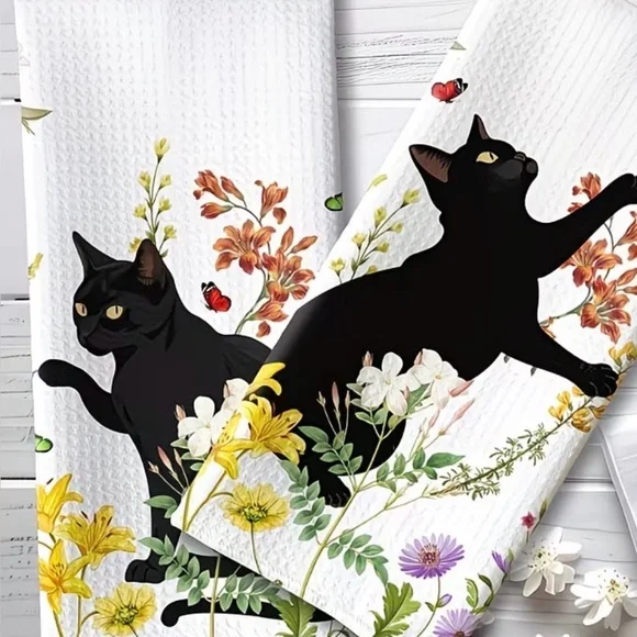 New 2pcs Black Cat Floral Print Towels cottagecore Kitchen & Bathroom Towel