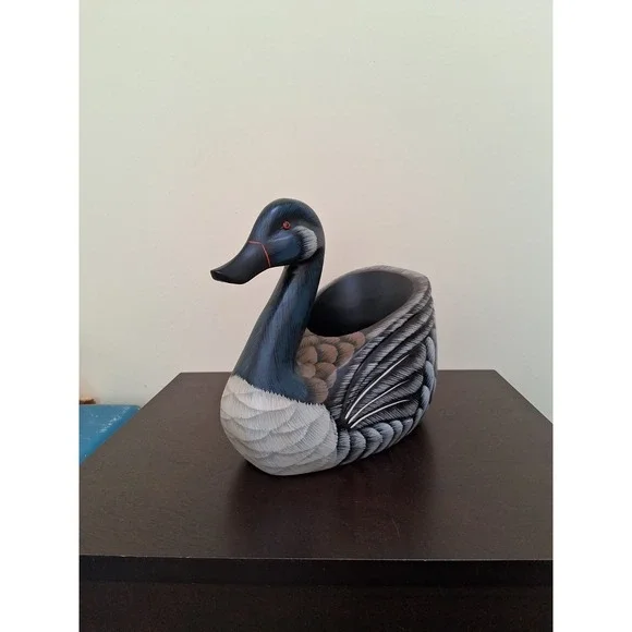 Vintage Large Hand Carved Wooden Duck Bowl Planter Basket Hand Painted A Beauty