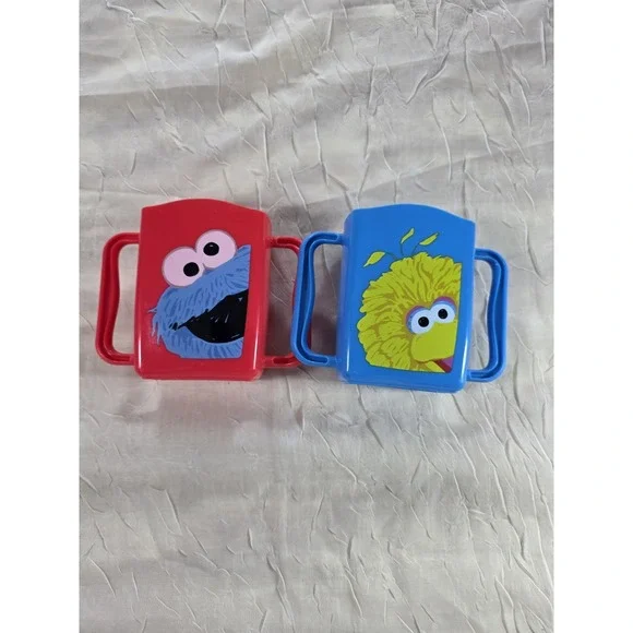 TWO Sesame Street Plastic Big Bird & Cookie Monster Juice Box Holders