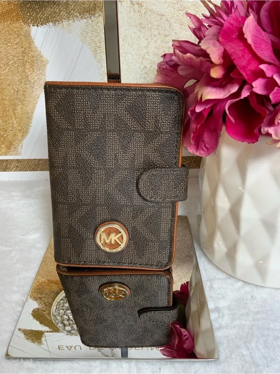 Michael Kors Brown MK Logo Snap Zip Passport Wallet