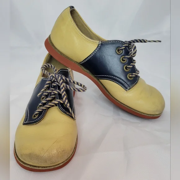 Vintage Self-Sarters Carpenter Leather Navy Blue Tan Saddle Shoes Toddler 8.5C