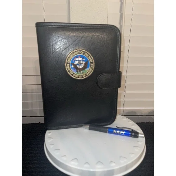 Vintage United States Navy Black 3 Ring Portfolio With Embroidered Logo & Pen