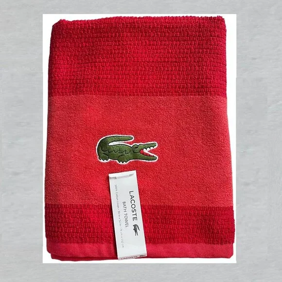 LACOSTE Red Cherry Big Crocodile Bath Towel Measures 30