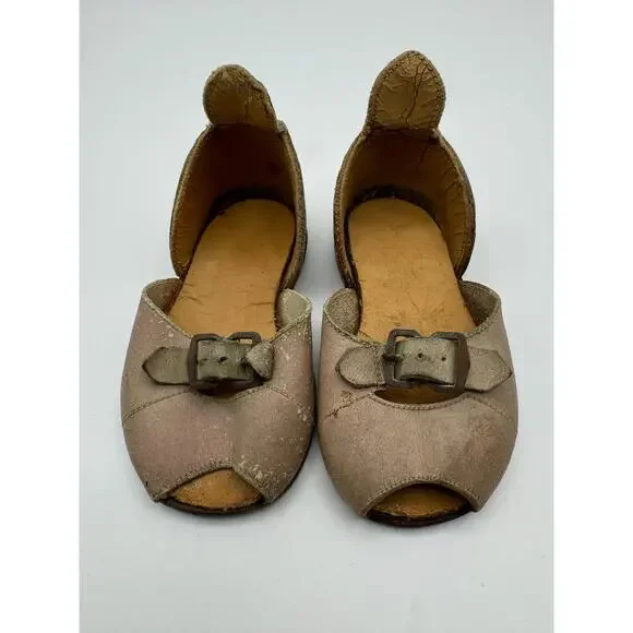 Rare‎ Antique Children's Leather Shoes Peep Toe Buckle Strap Aged Patina 5