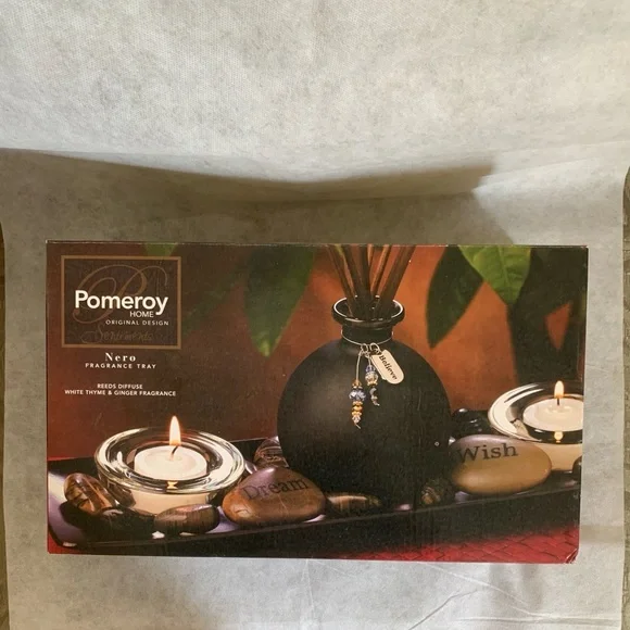 NIB Pomeroy Home Nero Fragrance Tray - White Thyme & Ginger Reed Diffuser Set