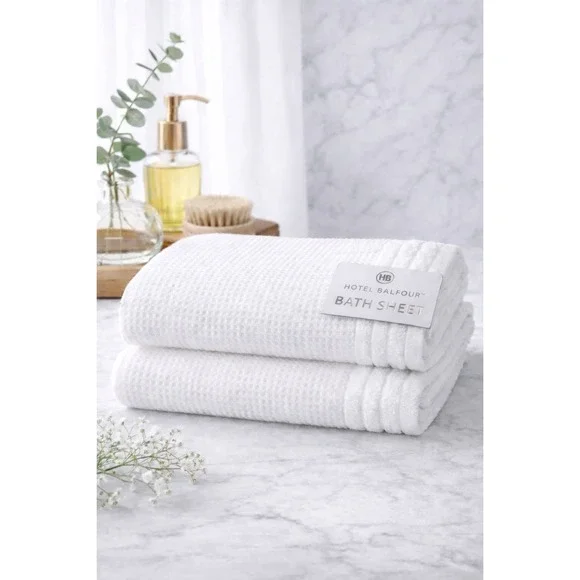 Hotel Balfour Luxury‎ White Waffle Weave 100% Cotton 2 Bath Sheets 30