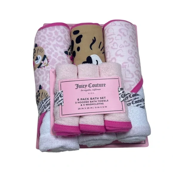 Juicy Couture Kids 6 Pack Bath Set 3 Hooded Bath Towels 3 Washcloths Pink White