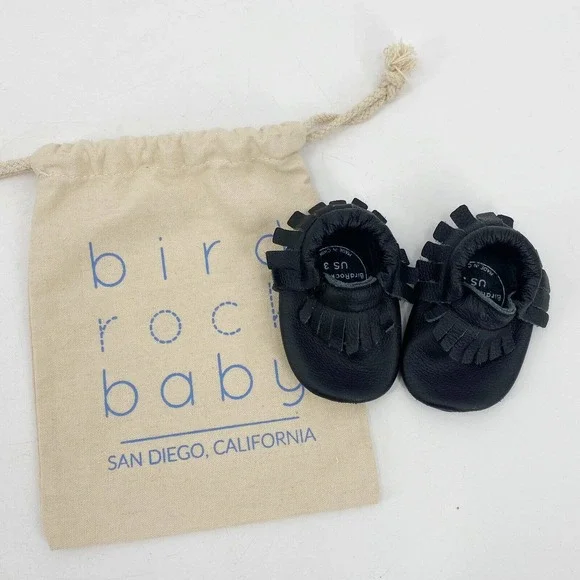 Bird Rock Baby Leather Moccasins Soft Sole Shoes Black Sz 3