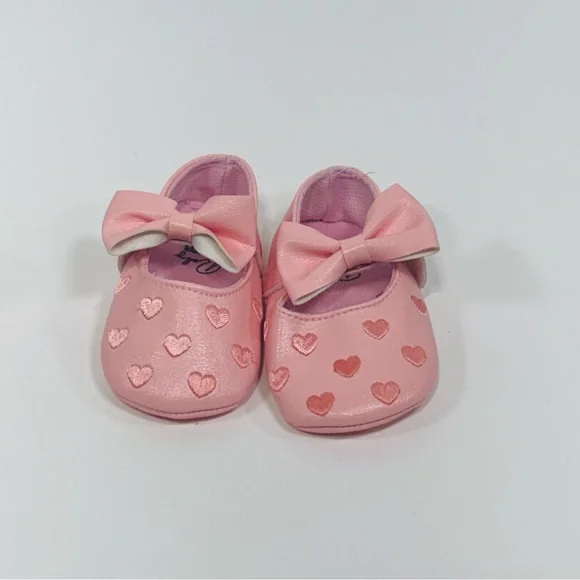 Pink Baby Shoes with Bow & Hearts (Size 6-12 Months)