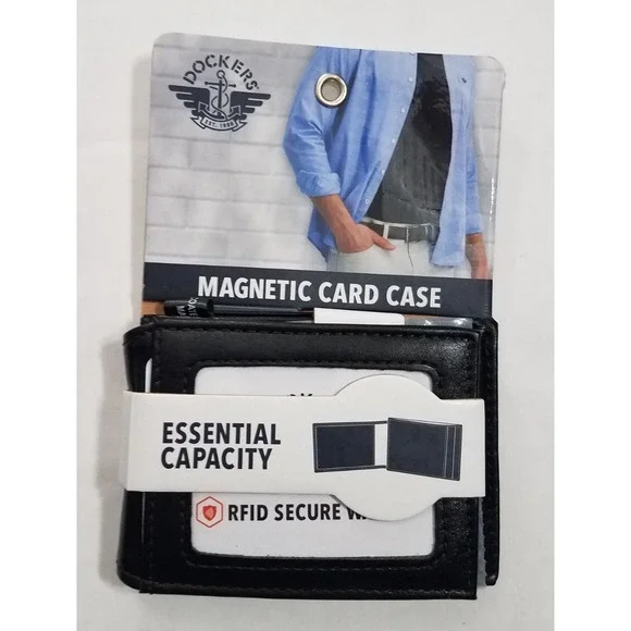 Dockers‎ Black Leather Men Card Case Wallet with Magnetic Fold B NEW