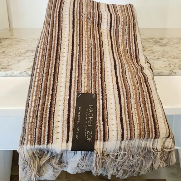 Rachel Zoe Striped Rustic Brown Beige S/ 2 Fringed Bath Towels