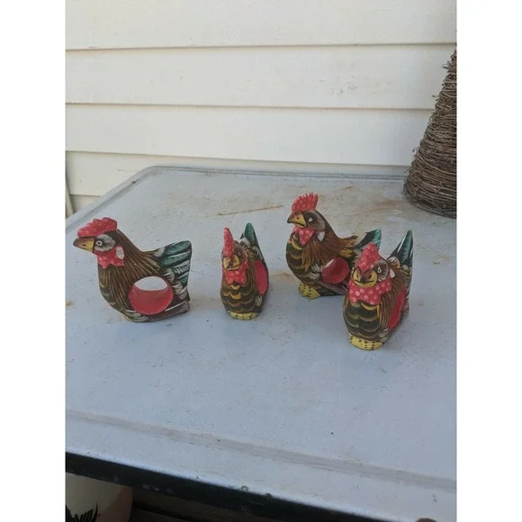 Folk Art Wood Painted Chicken Napkin Ring Holders Set of 4