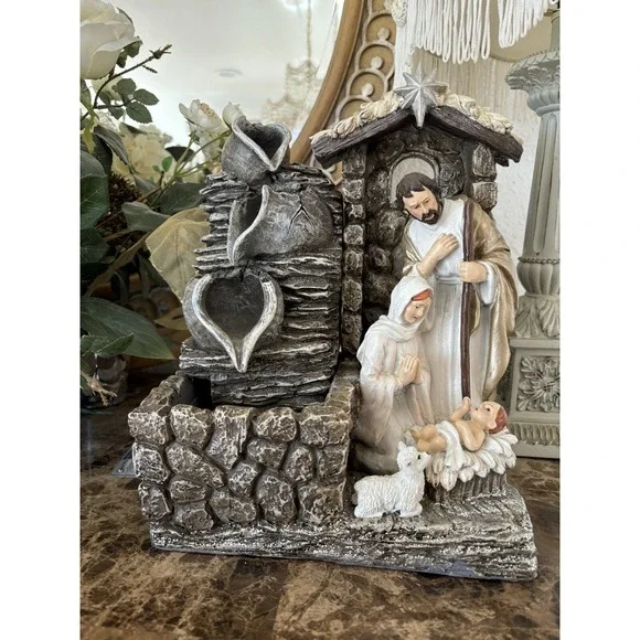 Rare Jesus Mary Joseph Nativity Water Fountain Manger Bethlehem Christian Sheep