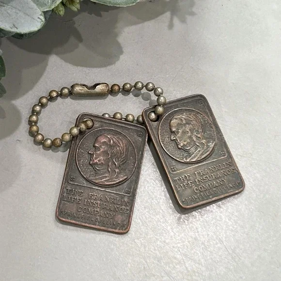 Vintage The Franklin Life Insurance Company Brass Key FOB- Whitehead Hoag- 2 PC