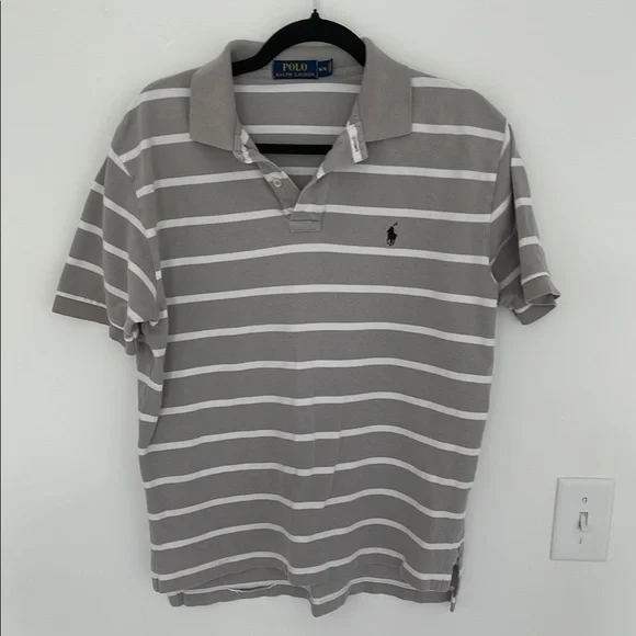 POLO Ralph Lauren Gray and White Striped Polo Shirt - Size M